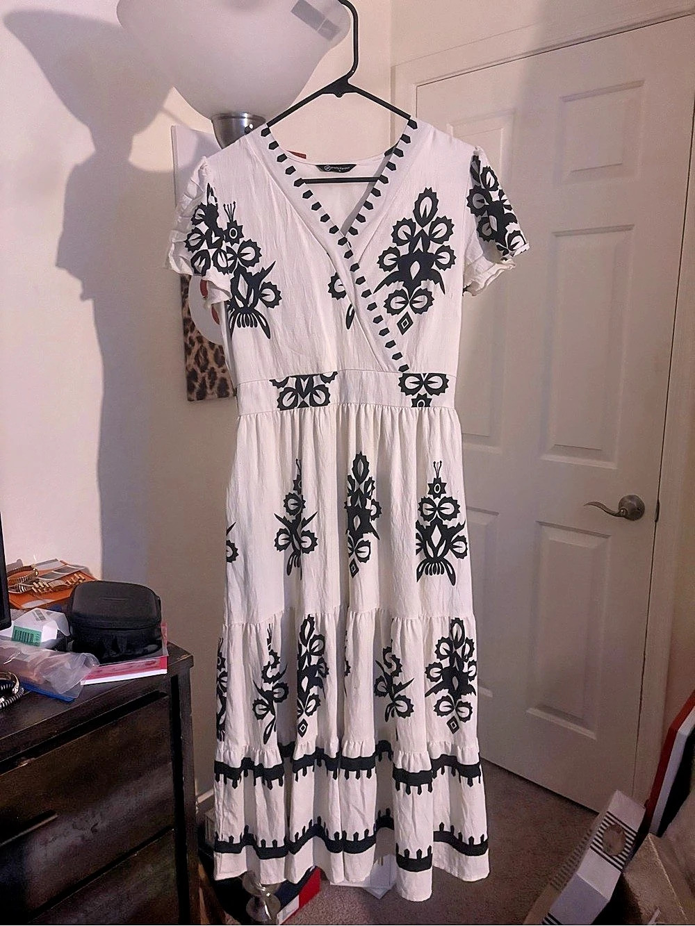 White & Black Embroidered Midi Dress